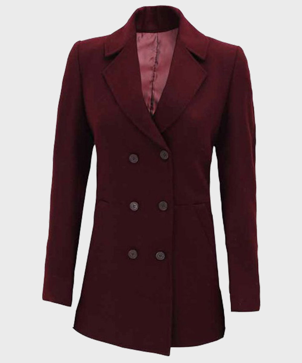 Womens Maroon Wool Peacoat Jacket women front product view | Dash Racegear — Womens Double-Breasted Maroon Coat