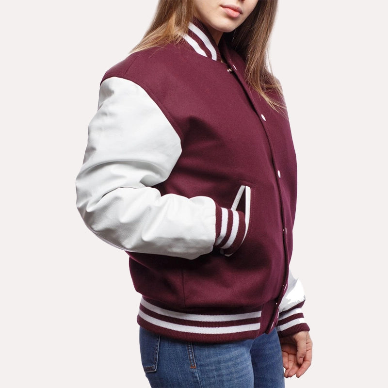 Womens Maroon and White Leather Sleeves Varsity Jacket Varsity Jacket women detail view 3 | Dash Racegear — Maroon and White Wool and Leather Sleeves Varsity Jacket