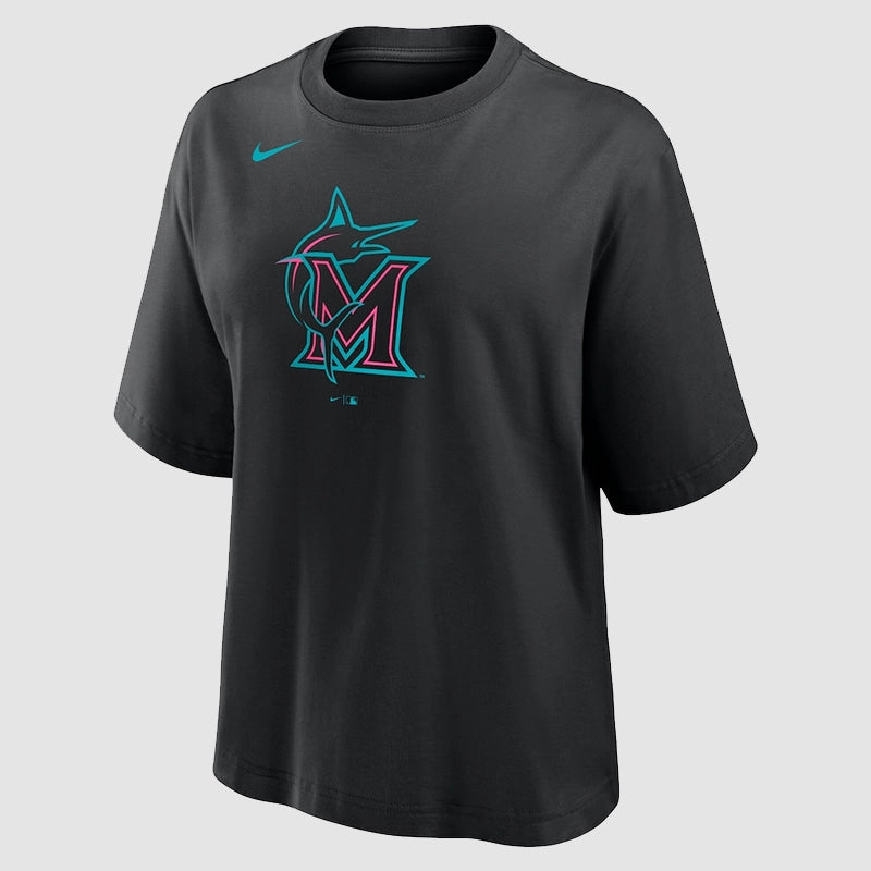 Miami Marlins Nike 2025 City Connect Logo Boxy T-Shirt Shirt unisex detail view 2 | Dash Racegear — 2025 Miami Marlins Logo Tee – Nike City Connect Boxy Cut