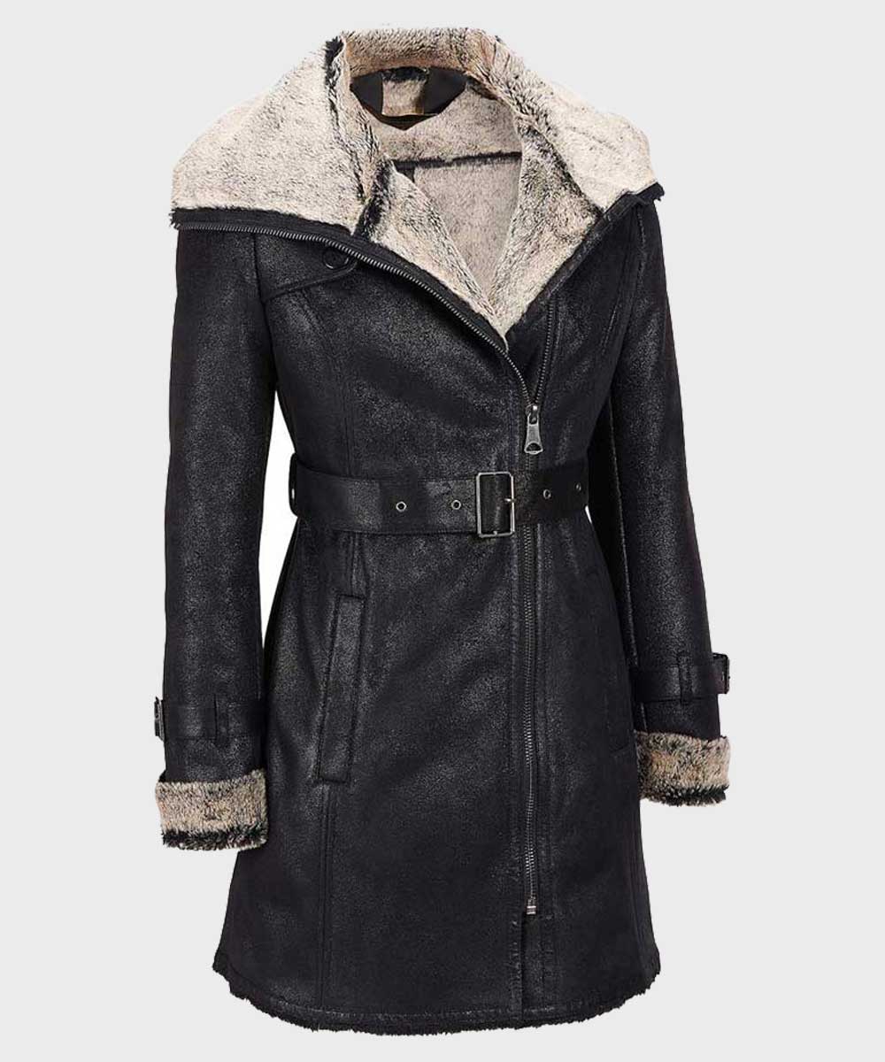 Womens Mid-Length Black Shearling Leather Coat Jacket women front product view | Dash Racegear — Womens Shearling Black Belted Mid-Length Coat