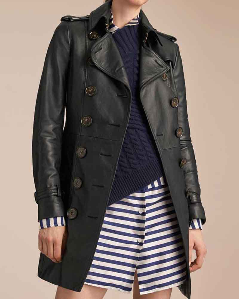Womens Mid Length Leather Coat Coat women front product view | Dash Racegear — Double Breasted Women's Mid Lenght Black Leather Coat