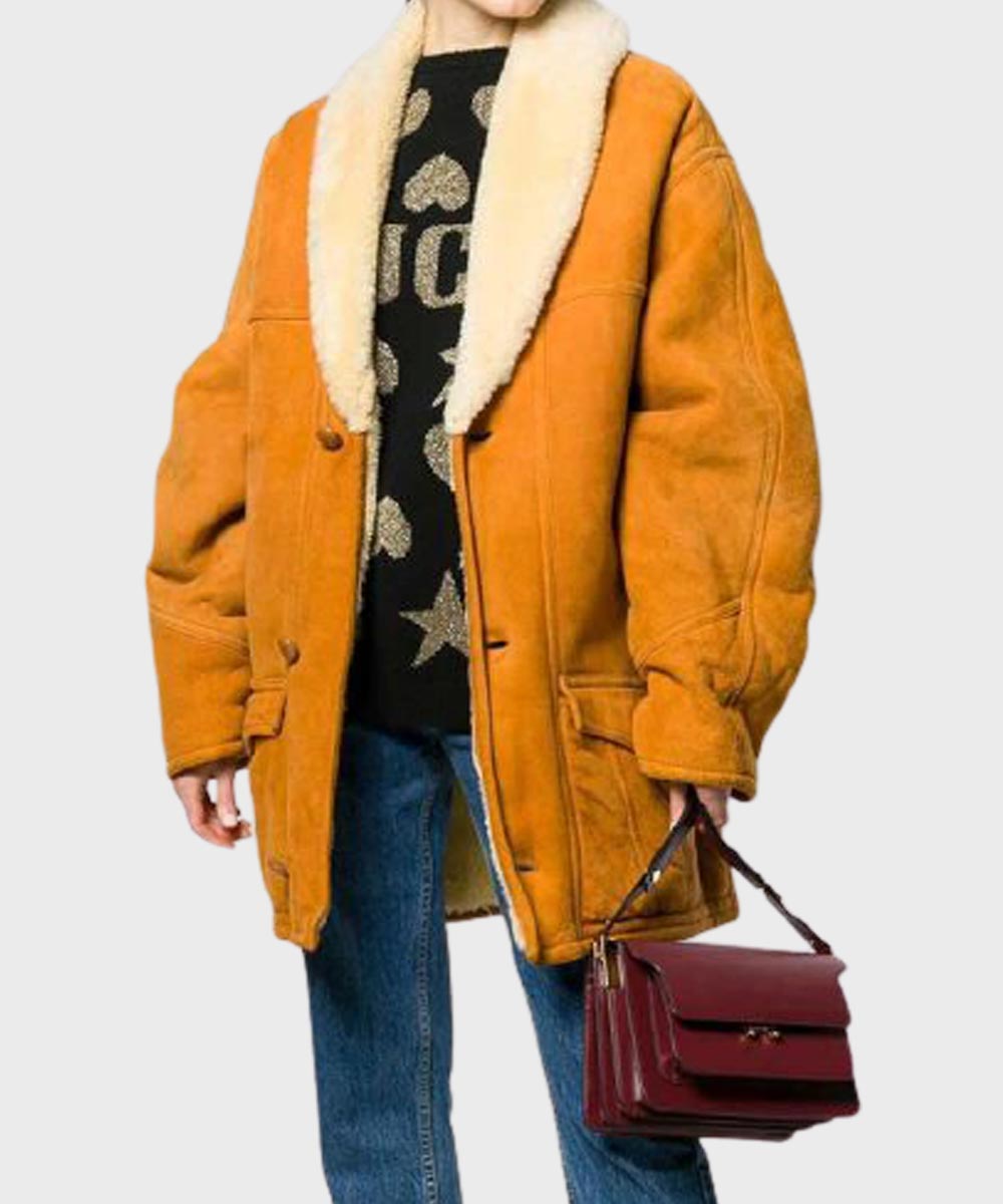Womens Mid-Length Mustard Shearling Coat Jacket women front product view | Dash Racegear — Womens Mid-Length Shearling Coat