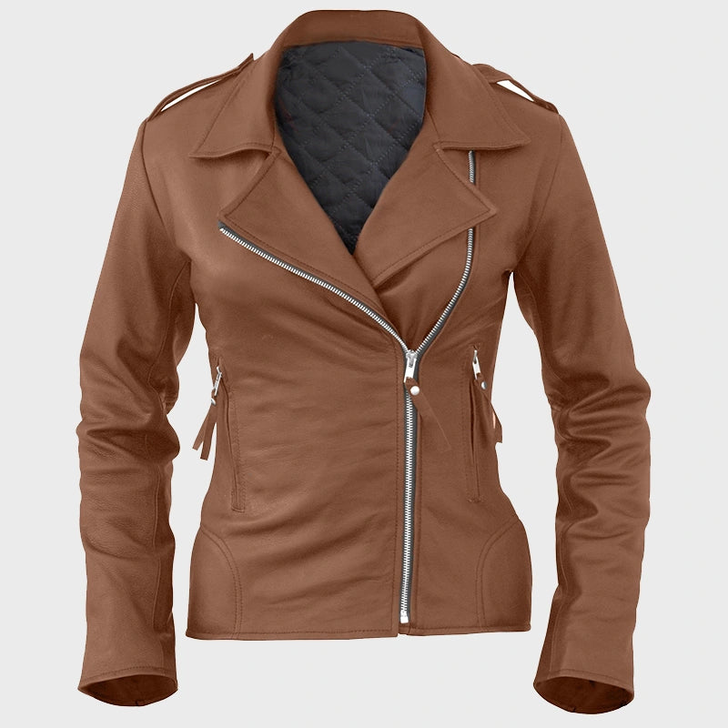 Womens Motorcycle Brown Leather Jacket Leather Jacket women front product view | Dash Racegear — Women's Sheepskin Brown Leather Motorcycle Jacket