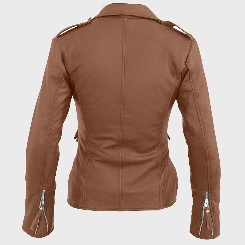 Womens Motorcycle Brown Leather Jacket Leather Jacket women detail view 2 | Dash Racegear — Sheepskin Womens Brown Leather Motorcycle Jacket