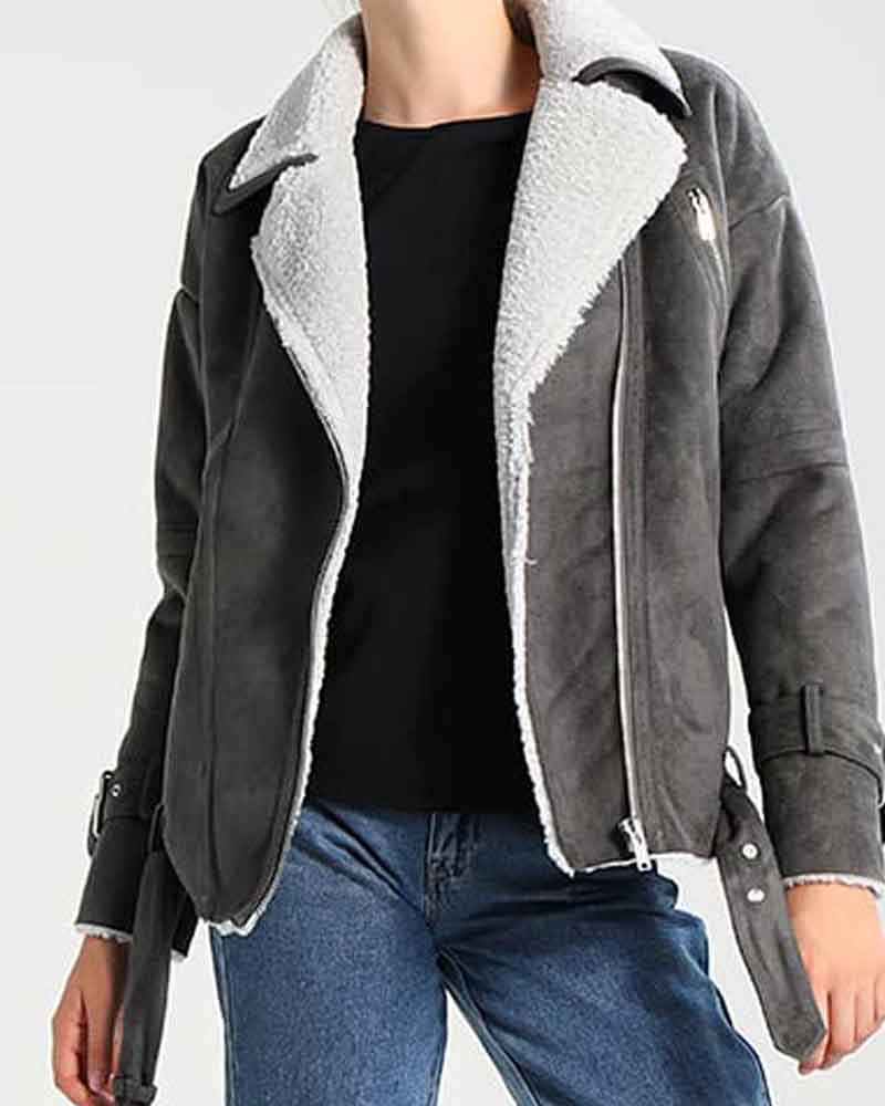 Womens Shearling Grey Suede Leather Jacket Leather Jacket women detail view 2 | Dash Racegear — Womens Shearling Grey Suede Leather Jacket