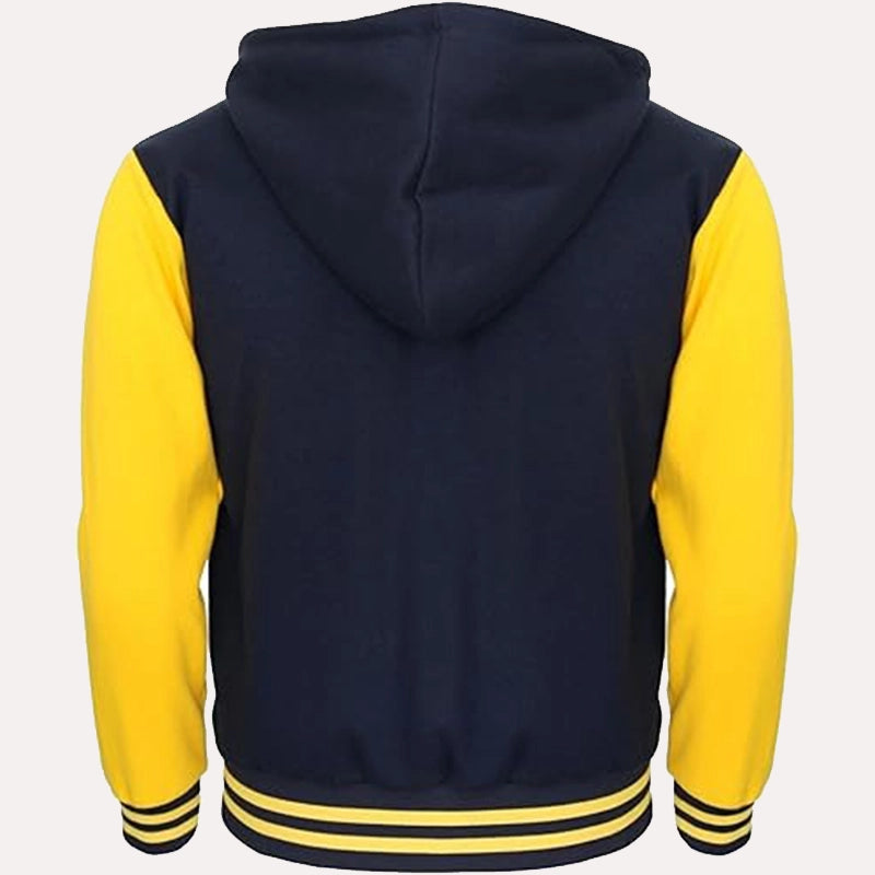 Womens Navy Blue and Yellow Hooded Varsity Jacket Varsity Jacket women detail view 2 | Dash Racegear — Womens Baseball Style Navy Blue and Yellow Hooded Varsity Jacket