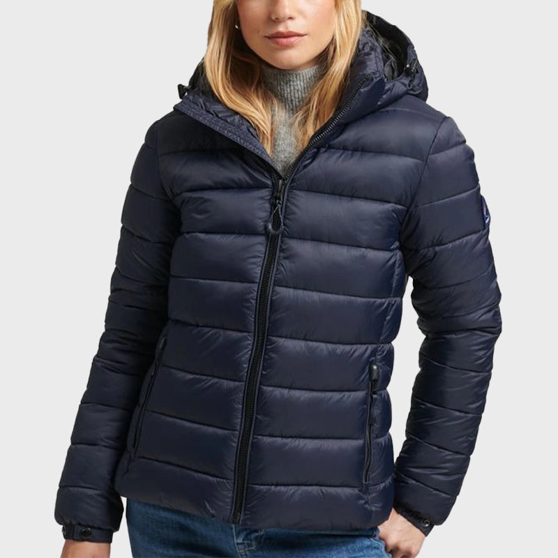 Womens Navy Puffer Jacket Puffer Jacket women front product view | Dash Racegear — Womens Navy Blue Hooded Puffer Jacket