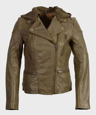 Womens Olive Motorcycle Leather Jacket Biker Jacket women front product view | Dash Racegear — Womens Hooded Olive Motorcycle Leather Jacket