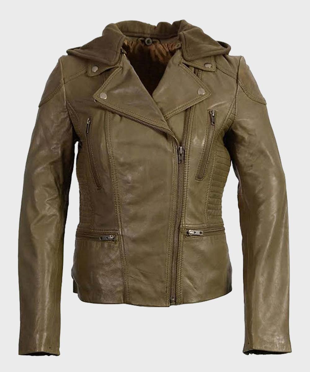 Womens Olive Motorcycle Leather Jacket Biker Jacket women front product view | Dash Racegear — Womens Hooded Olive Motorcycle Leather Jacket