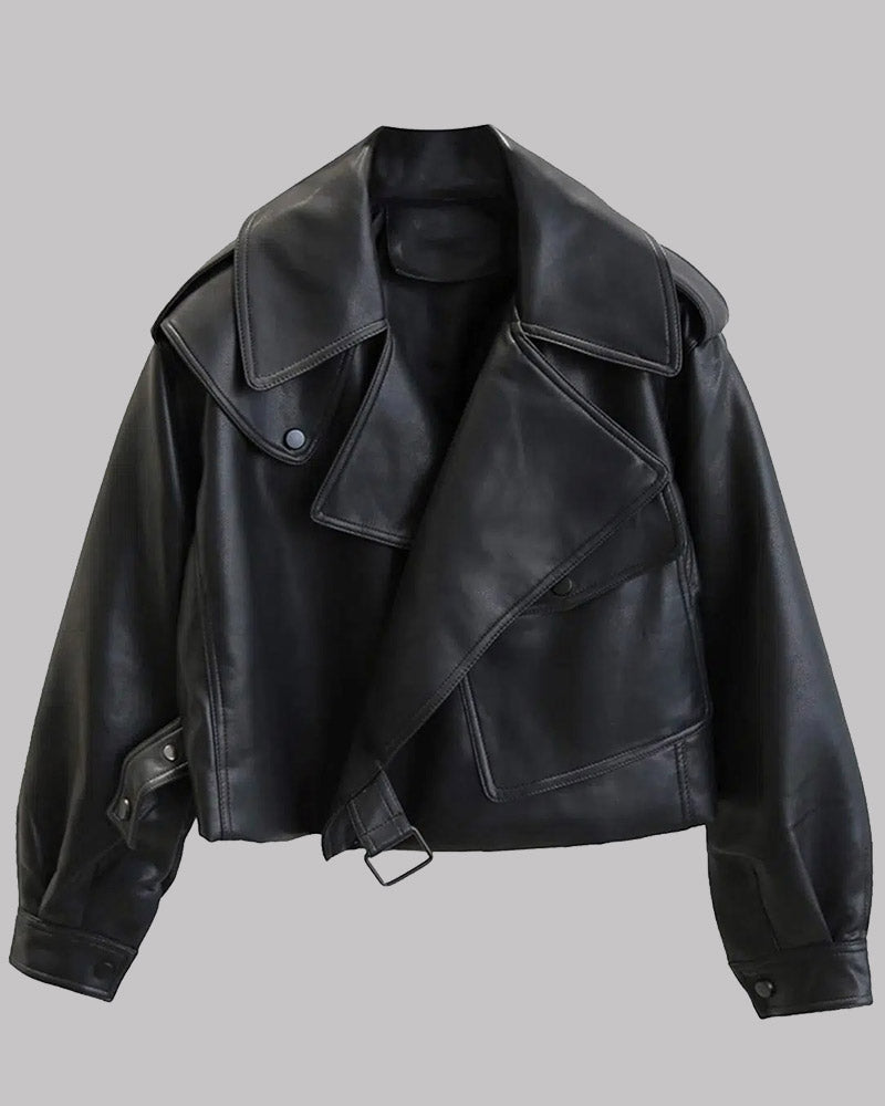 Womens Oversized Black Leather Jacket Biker Jacket women front product view | Dash Racegear — Womens Black Oversized Leather Jacket