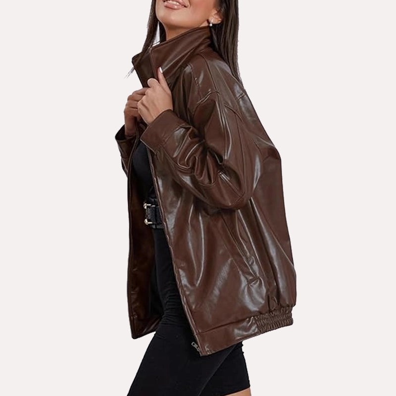 Womens Brown Leather Oversized Bomber Jacket Bomber Jacket women detail view 3 | Dash Racegear — Brown Leather Oversized Bomber Jacket for Women