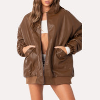 Womens Oversized Brown Leather Jacket Leather Jacket women front product view | Dash Racegear — Oversized Women's Brown Leather Bomber Jacket