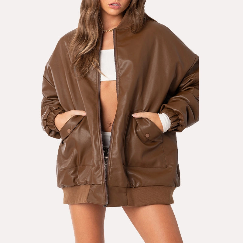 Womens Oversized Brown Leather Jacket Leather Jacket women front product view | Dash Racegear — Oversized Women's Brown Leather Bomber Jacket