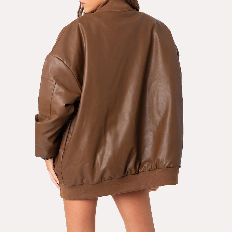 Womens Oversized Brown Leather Jacket Leather Jacket women detail view 3 | Dash Racegear — Womens Oversized Brown Leather Bomber Jacket