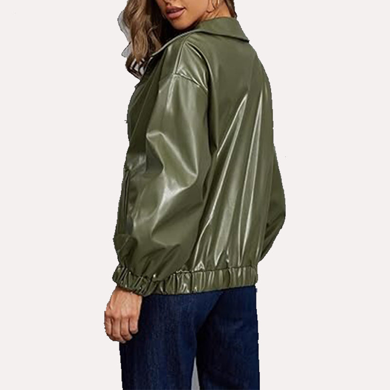 Womens Green Oversized Bomber Jacket Bomber Jacket women detail view 3 | Dash Racegear — Oversized Faux Leather Green Bomber Jacket for Women