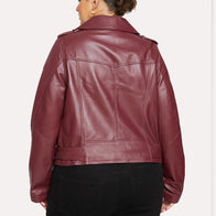 Womens Oversized Motorcycle Leather Jacket Leather Jacket women detail view 2 | Dash Racegear — Womens Maroon Oversized Leather Motorcycle Jacket