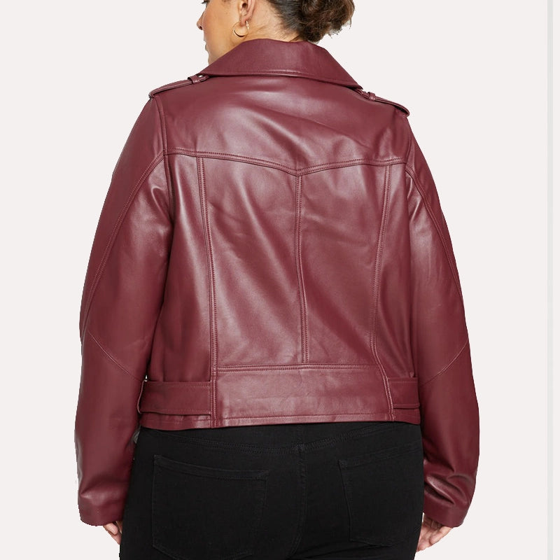 Womens Oversized Motorcycle Leather Jacket Leather Jacket women detail view 2 | Dash Racegear — Womens Maroon Oversized Leather Motorcycle Jacket