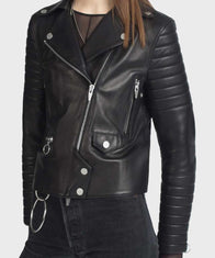 Womens Padded Sleeves Black Motorcycle Jacket Biker Jacket women front product view | Dash Racegear — Womens Black Motorcycle Padded Sleeves Jacket