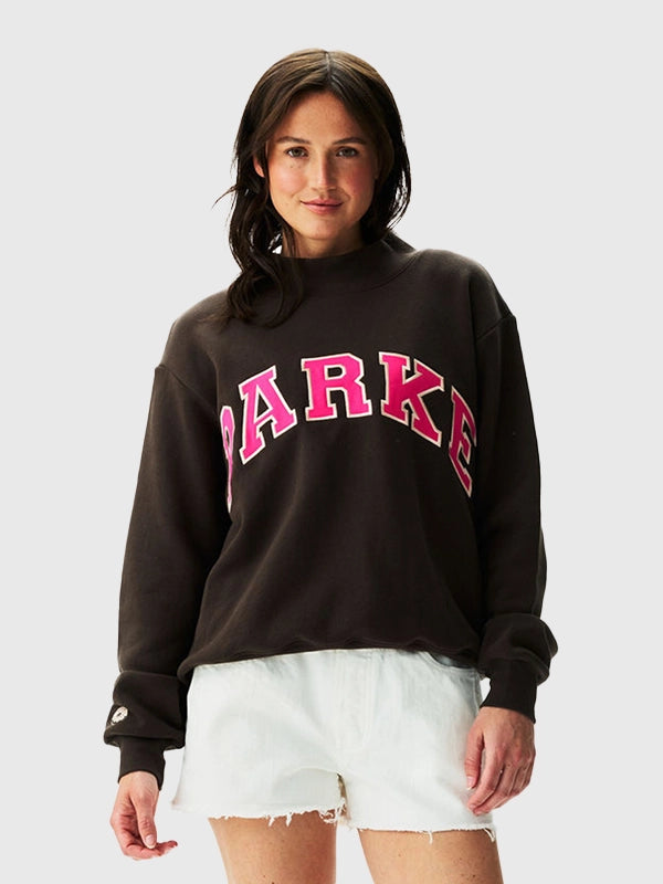 Parke x Dunkin’ Varsity Mockneck Brown Sweatshirt Sweatshirt unisex front product view | Dash Racegear — Parke x Dunkin' 2026 Varsity Mockneck Women's Fleece Sweatshirt in Brown with cozy warmth and premium everyday comfort.