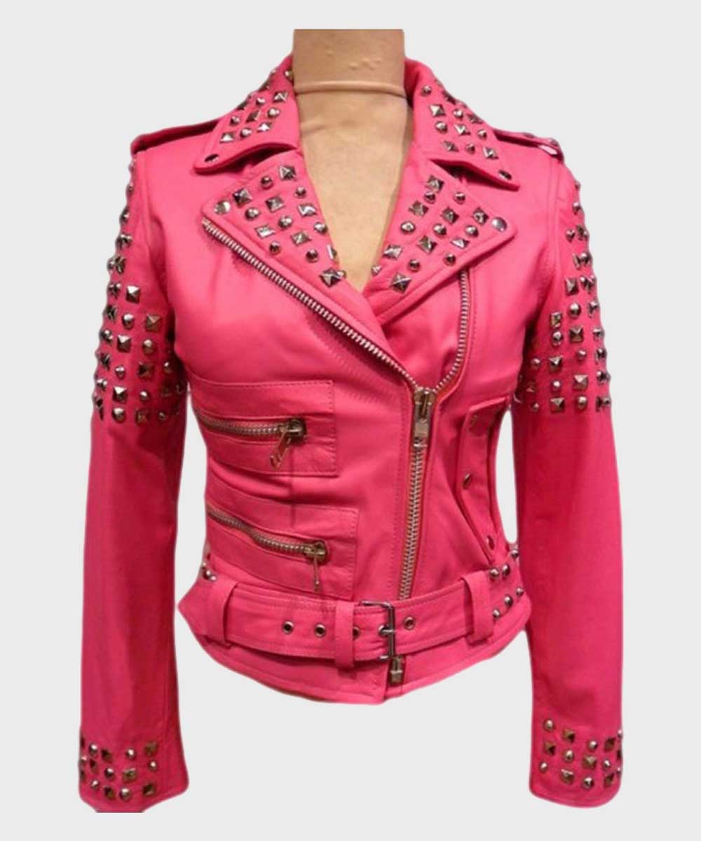 Womens Pink Biker Golden Studded Jacket Jacket women front product view | Dash Racegear — Womens Golden Studded Pink Jacket