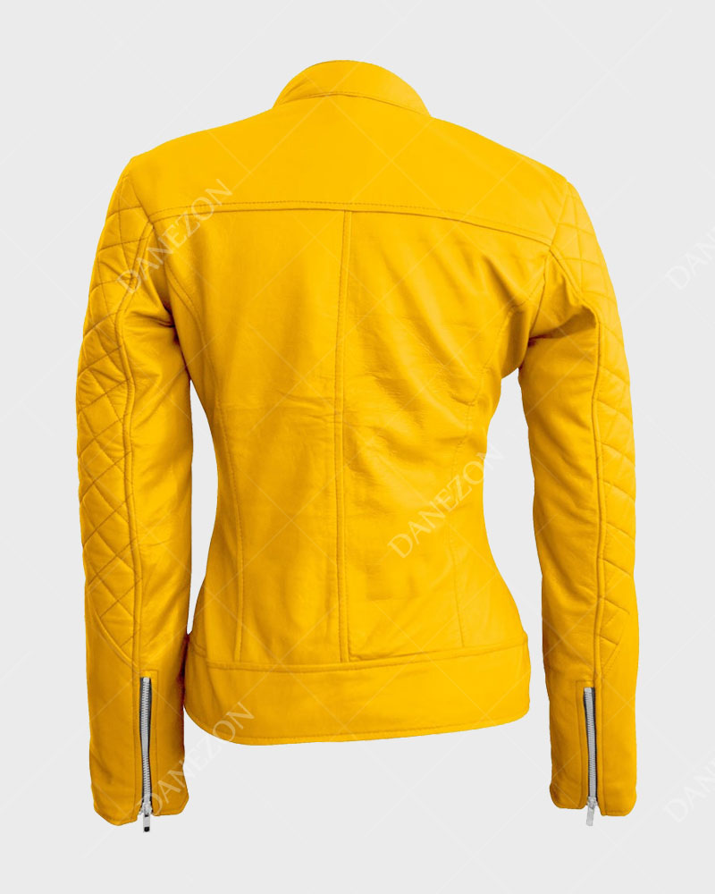 Womens Yellow Quilted Biker Jacket Biker Jacket women detail view 2 | Dash Racegear — Womens Quilted Yellow Biker Jacket