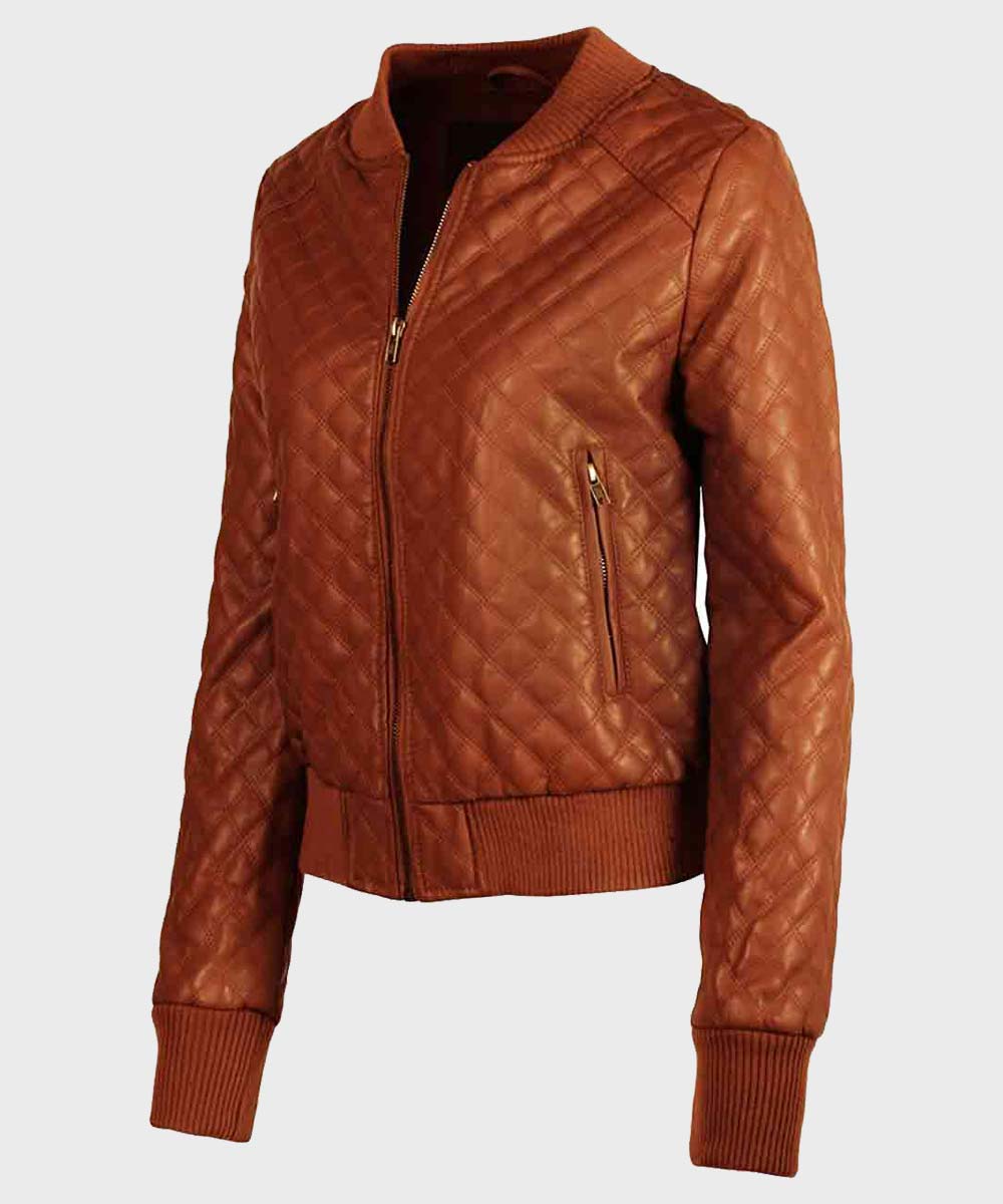 Womens Quilted Brown Leather Jacket Bomber Jacket women front product view | Dash Racegear — Womens Quilted Brown Bomber Leather Jacket