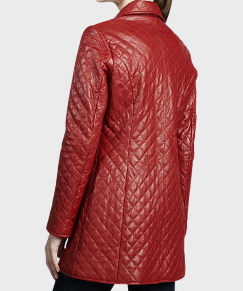 Womens Red Quilted Leather Coat Jacket women detail view 2 | Dash Racegear — Womens Slimfit Red Quilted Design Leather Coat