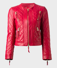 Womens Quilted Red Leather Jacket Leather Jacket women front product view | Dash Racegear — Red Quilted Womens Leather Jacket