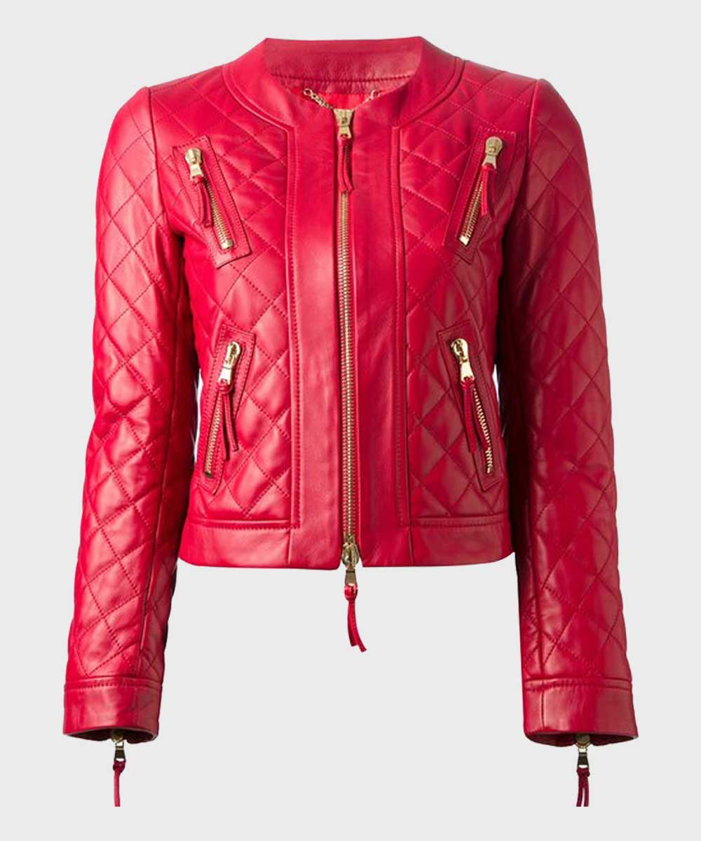 Womens Quilted Red Leather Jacket Leather Jacket women front product view | Dash Racegear — Red Quilted Womens Leather Jacket