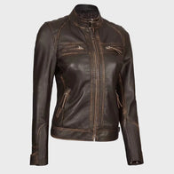 Womens Quilted Shoulder Distressed Leather Jacket Leather Jacket women front product view | Dash Racegear — Women Quilted Dark Brown Real Leather Motorcycle Jacket