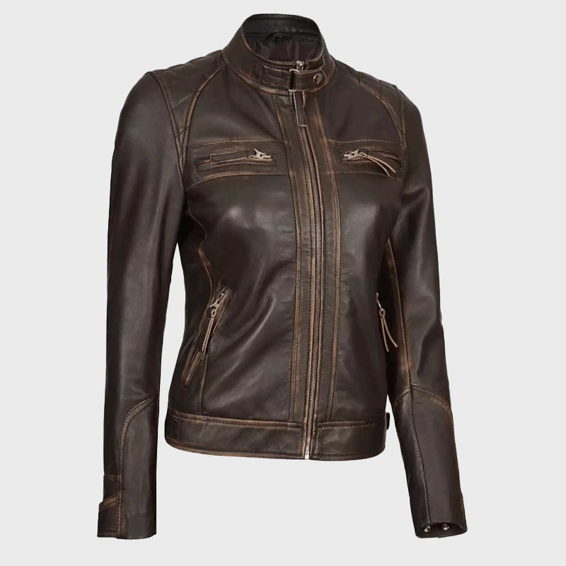Womens Quilted Shoulder Distressed Leather Jacket Leather Jacket women front product view | Dash Racegear — Women Quilted Dark Brown Real Leather Motorcycle Jacket