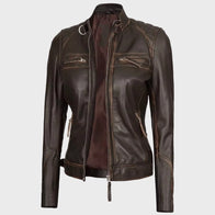 Womens Quilted Shoulder Distressed Leather Jacket Leather Jacket women detail view 4 | Dash Racegear — Womens Distressed Quilted Shoulder Dark Brown Leather Jacket