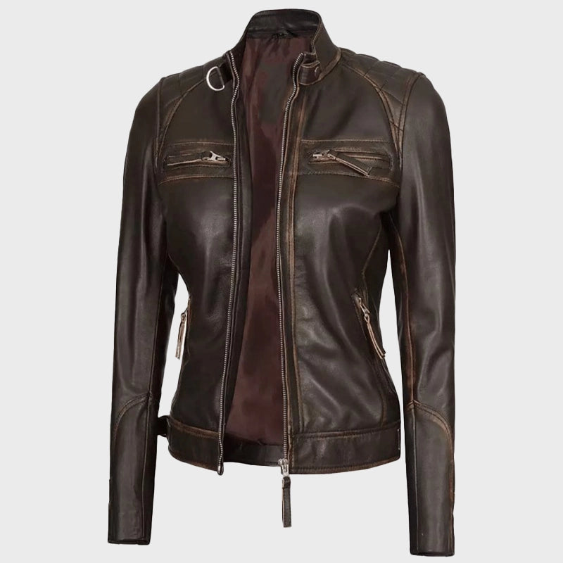 Womens Quilted Shoulder Distressed Leather Jacket Leather Jacket women detail view 4 | Dash Racegear — Womens Distressed Quilted Shoulder Dark Brown Leather Jacket