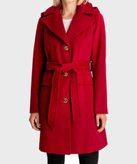 Womens Red Belted Hooded Coat Coat women front product view | Dash Racegear — Red Hooded Womens Belted Coat