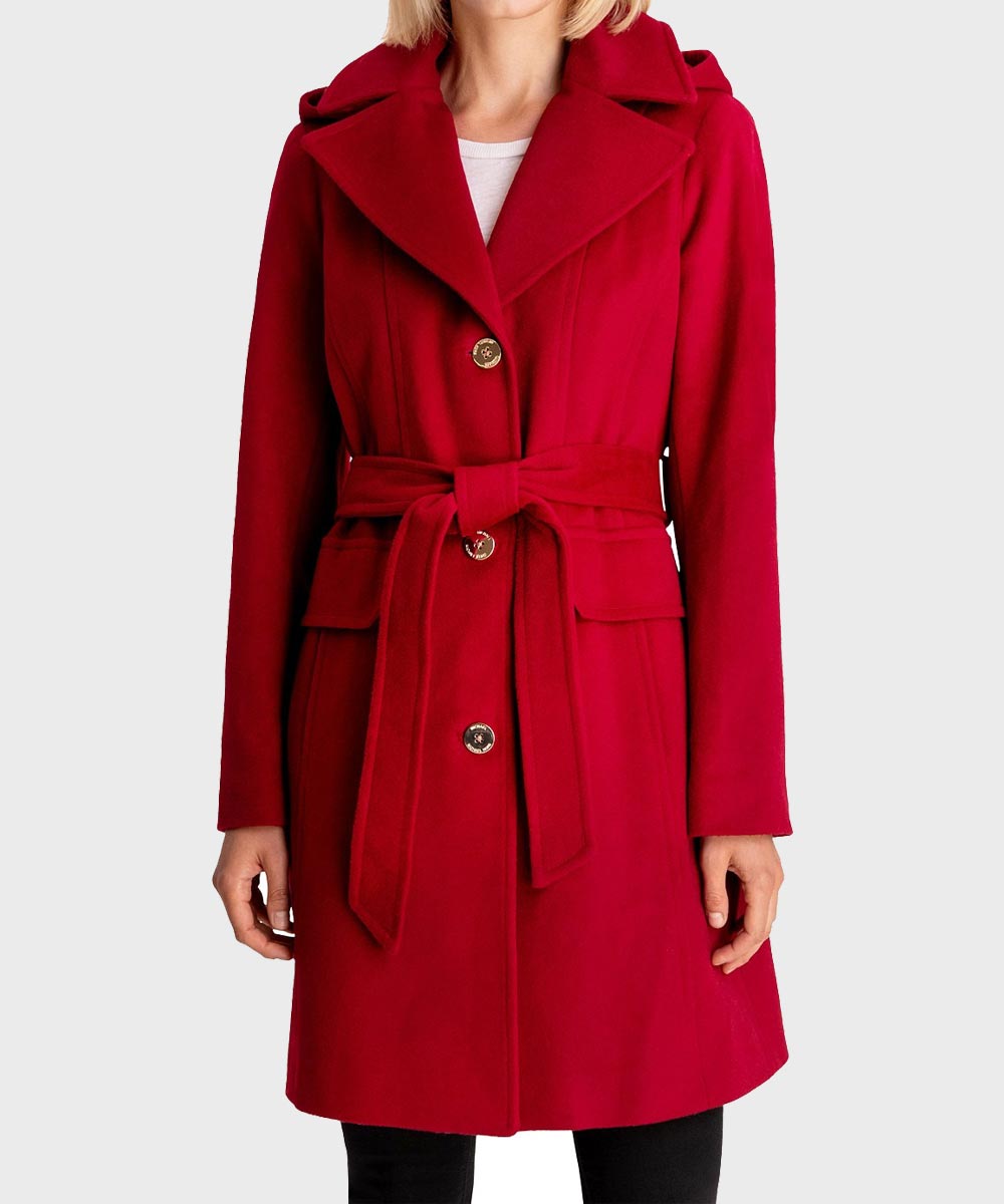 Womens Red Belted Hooded Coat Coat women front product view | Dash Racegear — Red Hooded Womens Belted Coat
