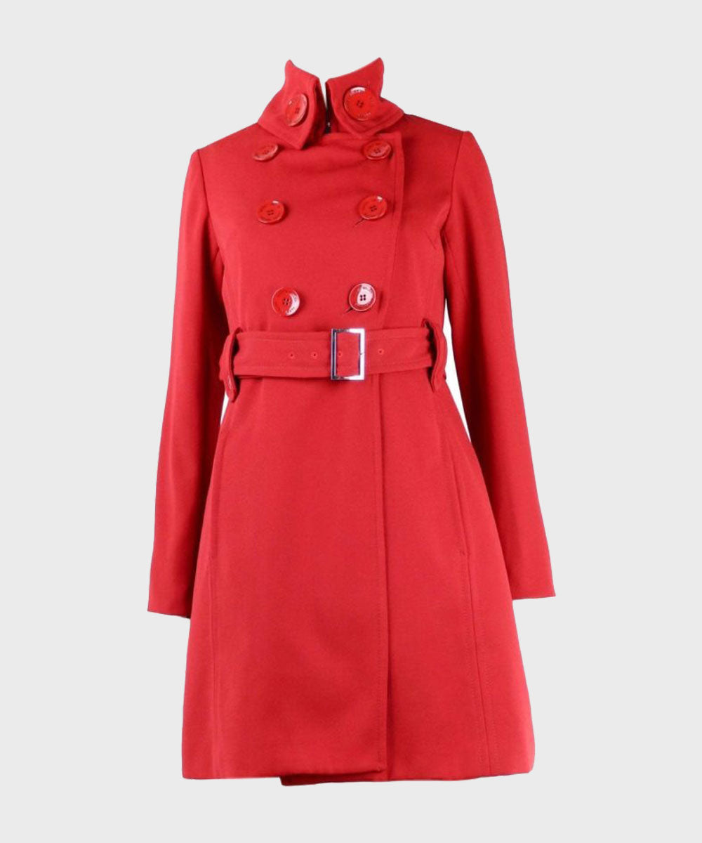 Womens Red Belted Mid-Length Coat Coat women front product view | Dash Racegear — Womens Red Belted Double-Breasted Coat