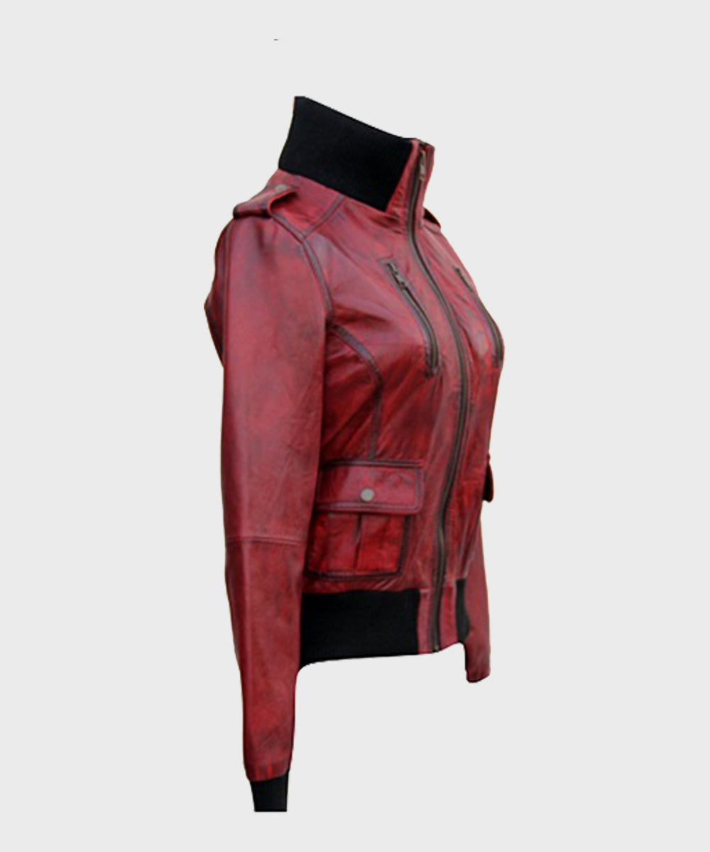 Womens Red Bomber Style Leather Jacket Bomber Jacket women detail view 2 | Dash Racegear — Womens Slimfit Red Jacket