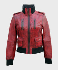 Womens Red Bomber Style Leather Jacket Bomber Jacket women front product view | Dash Racegear — Womens Red Slimfit Bomber Jacket