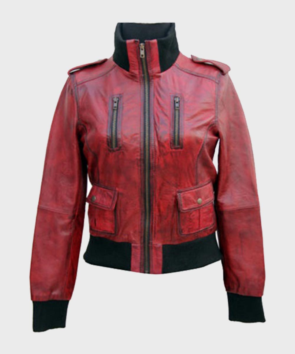 Womens Red Bomber Style Leather Jacket Bomber Jacket women front product view | Dash Racegear — Womens Red Slimfit Bomber Jacket