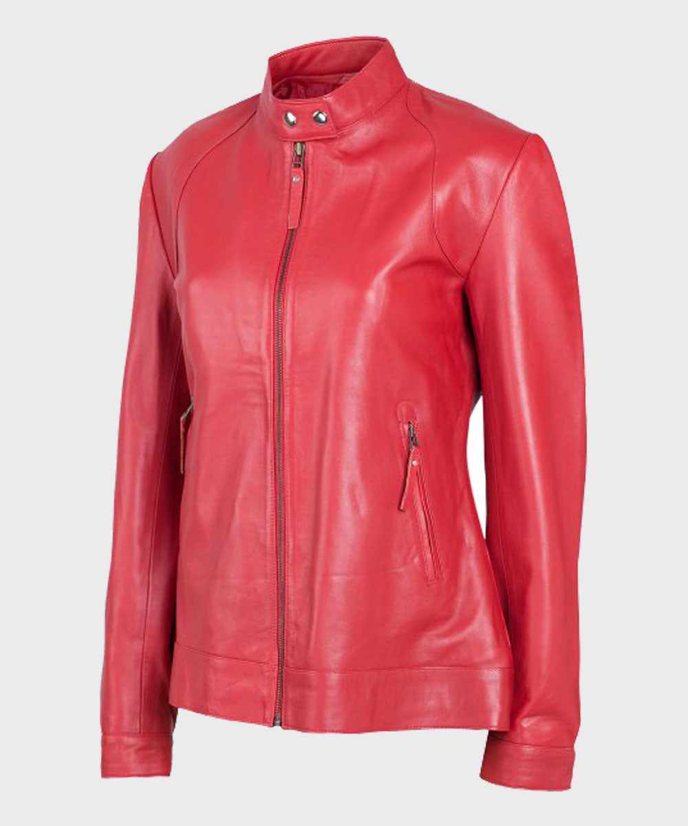 Womens Red Biker Leather Jacket Biker Jacket women front product view | Dash Racegear — Womens Red Leather Jacket