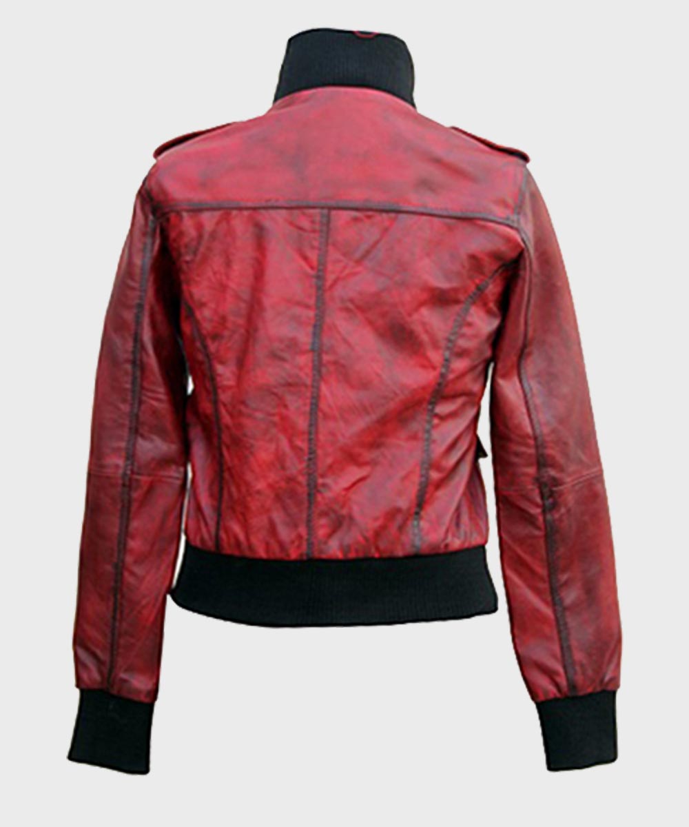 Womens Red Bomber Style Leather Jacket Bomber Jacket women detail view 3 | Dash Racegear — Womens Slimfit Leather Bomber Red Jacket