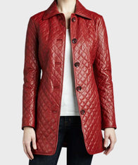 Womens Red Quilted Leather Coat Jacket women front product view | Dash Racegear — Red Stylish Quilted Leather Coat for Women's