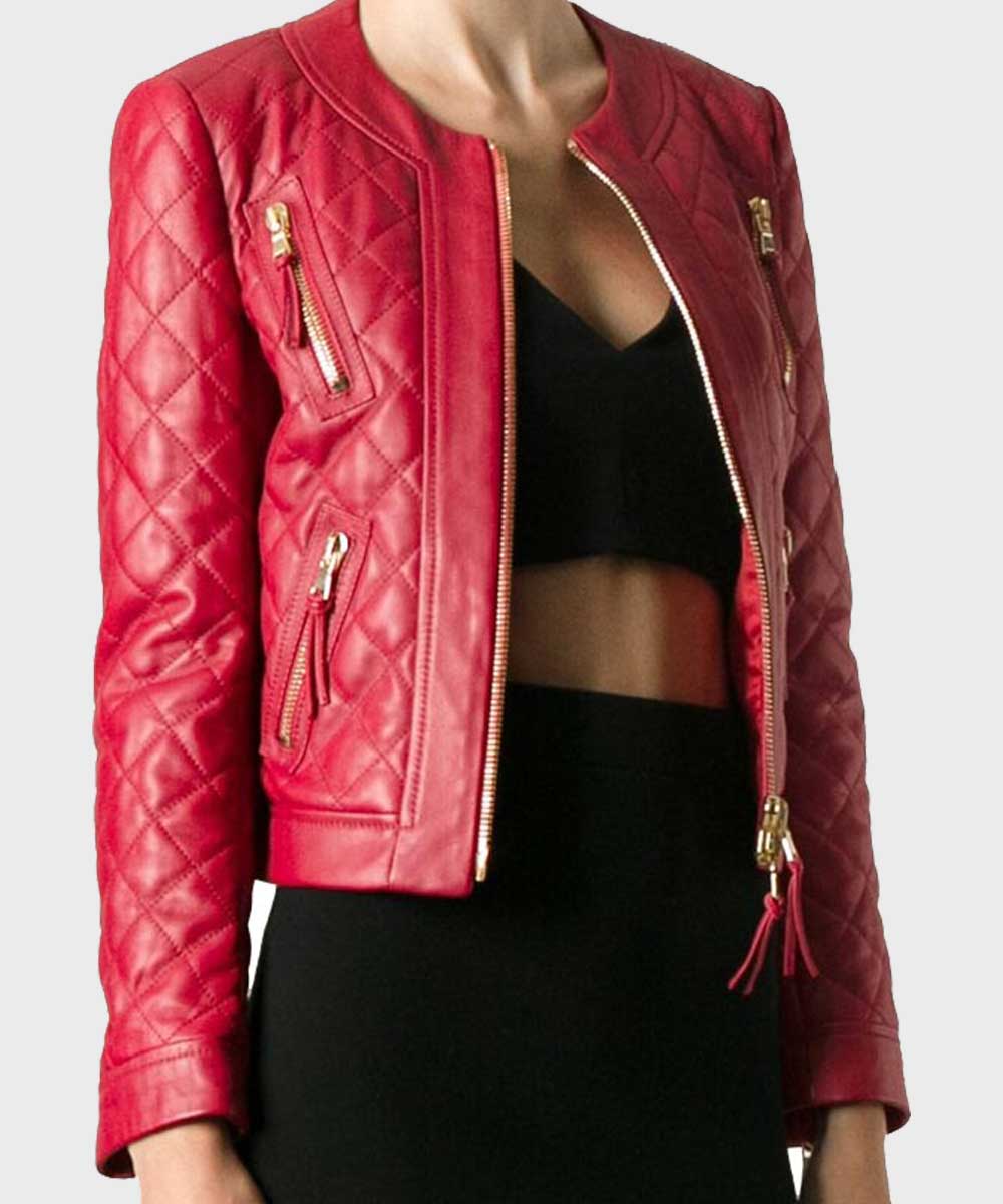 Womens Quilted Red Leather Jacket Leather Jacket women detail view 2 | Dash Racegear — Womens Red Leather Quilted Jacket for Winter Outfits