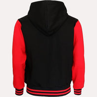 Womens Red and Black Hooded Varsity Jacket Varsity Jacket women detail view 2 | Dash Racegear — Red and Black Hooded Varsity Jacket