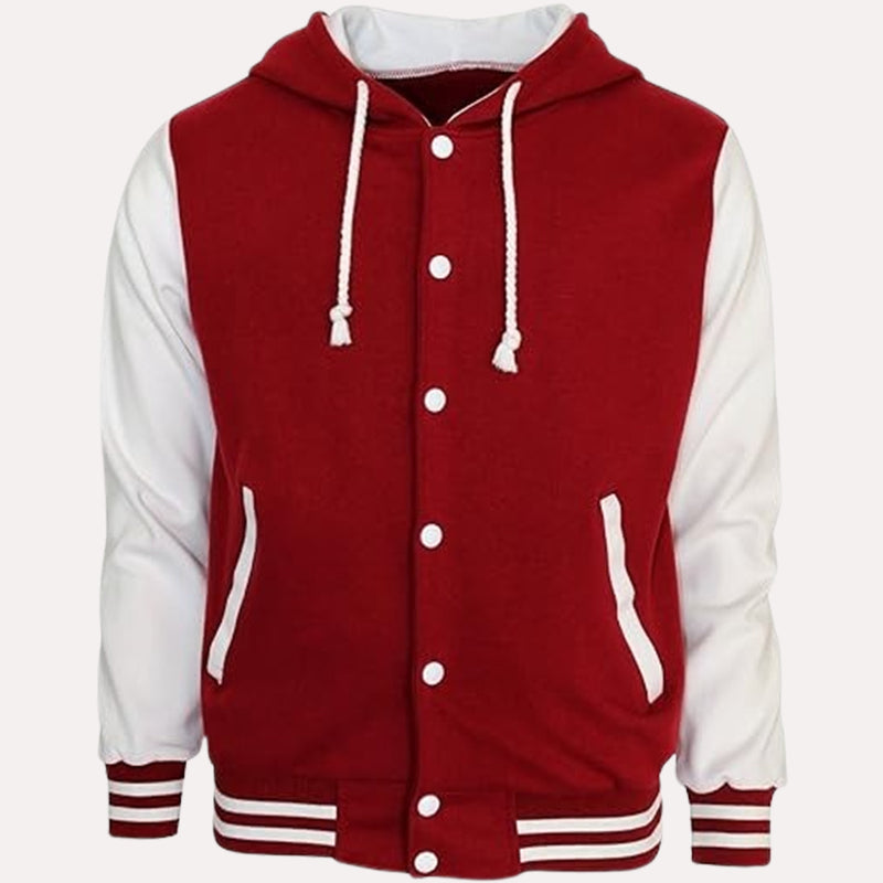 Womens Red and White Hooded Varsity Jacket Varsity Jacket women front product view | Dash Racegear — Womens Baseball Style Red and White Hooded Varsity Jacket