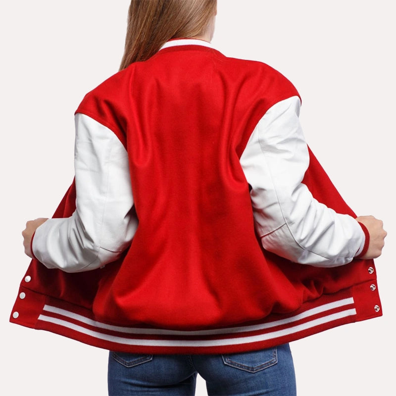 Womens Red and White Leather Sleeves Varsity Jacket Varsity Jacket women detail view 3 | Dash Racegear — Red and White Wool and Leather Sleeves Varsity Jacket