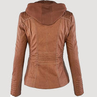Womens Faux Leather Brown Hooded Jacket Leather Jacket unisex detail view 2 | Dash Racegear — Women's Brown Faux Leather Hooded Jacket