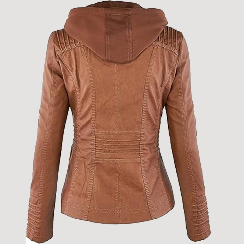 Womens Faux Leather Brown Hooded Jacket Leather Jacket unisex detail view 2 | Dash Racegear — Women's Brown Faux Leather Hooded Jacket