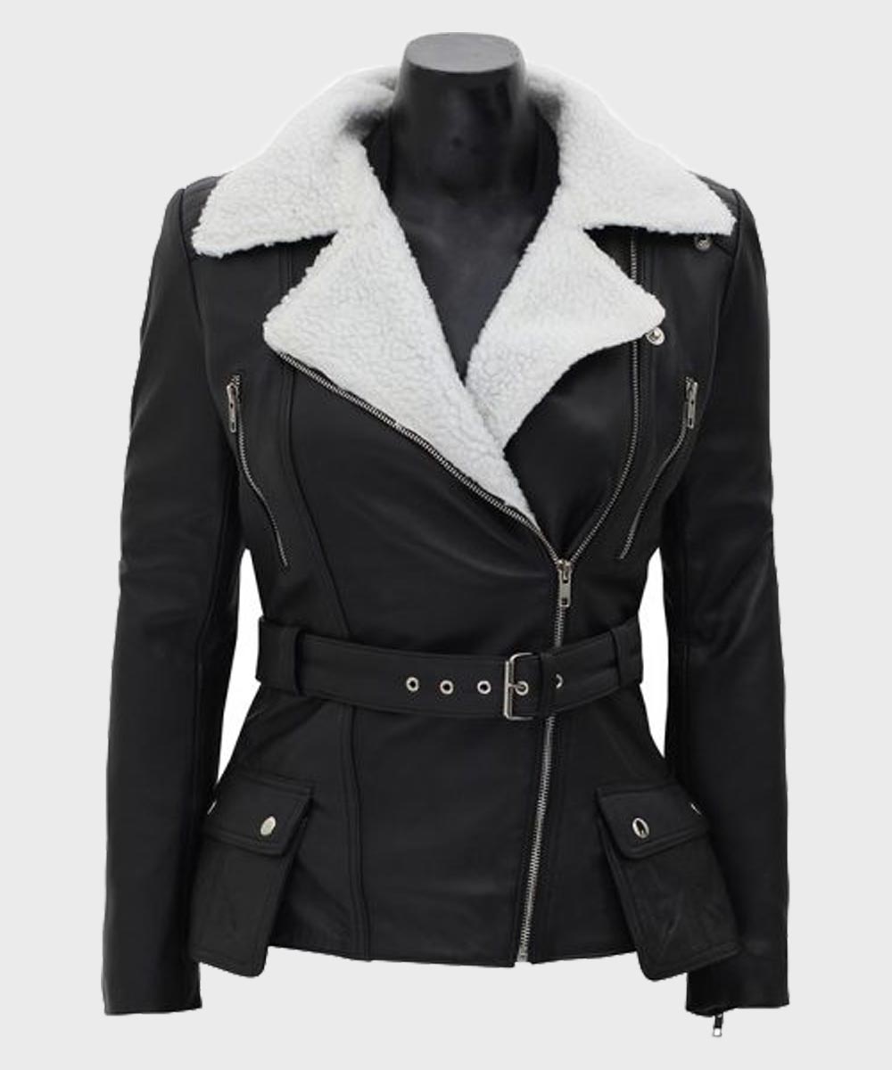 Womens Shearling Black Belted Asymmetrical Biker Leather Jacket Leather Jacket women front product view | Dash Racegear — Black Biker Shearling Jacket for Womens