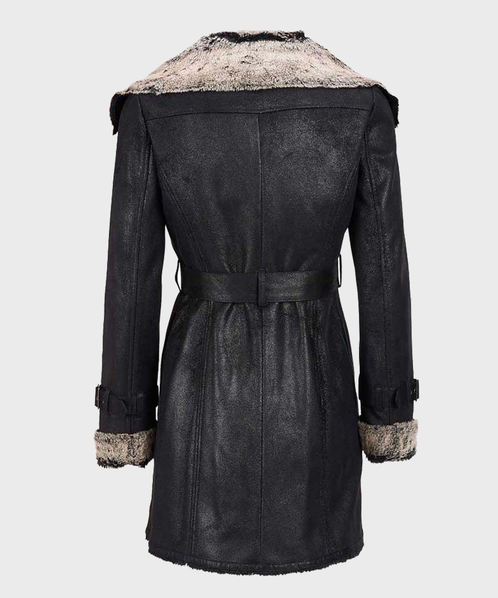 Womens Mid-Length Black Shearling Leather Coat Jacket women detail view 2 | Dash Racegear — Womens Shearling Black Belted Mid-Length Leather Coat